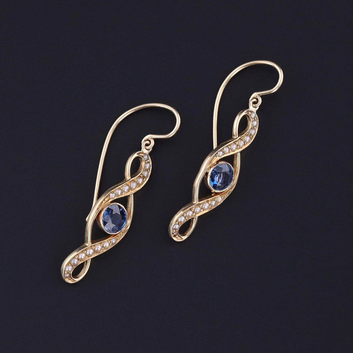 Antique Sapphire and Pearl Earrings of 14k Gold - Trademark Antiques