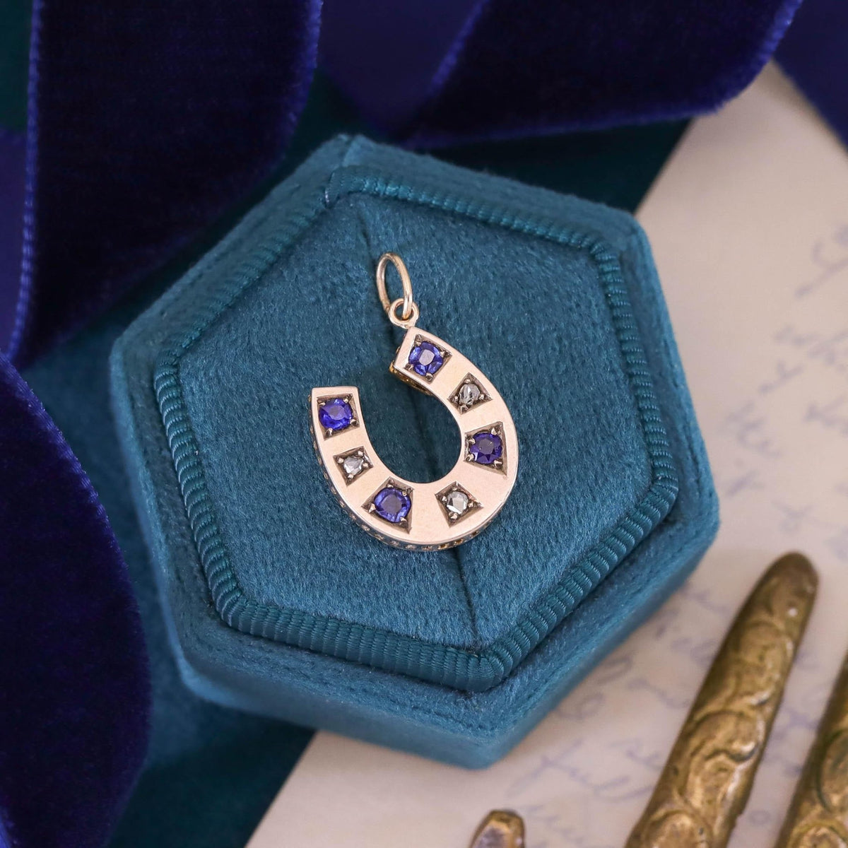 Antique Sapphire Doublet and Diamond Horseshoe Pendant - Trademark Antiques