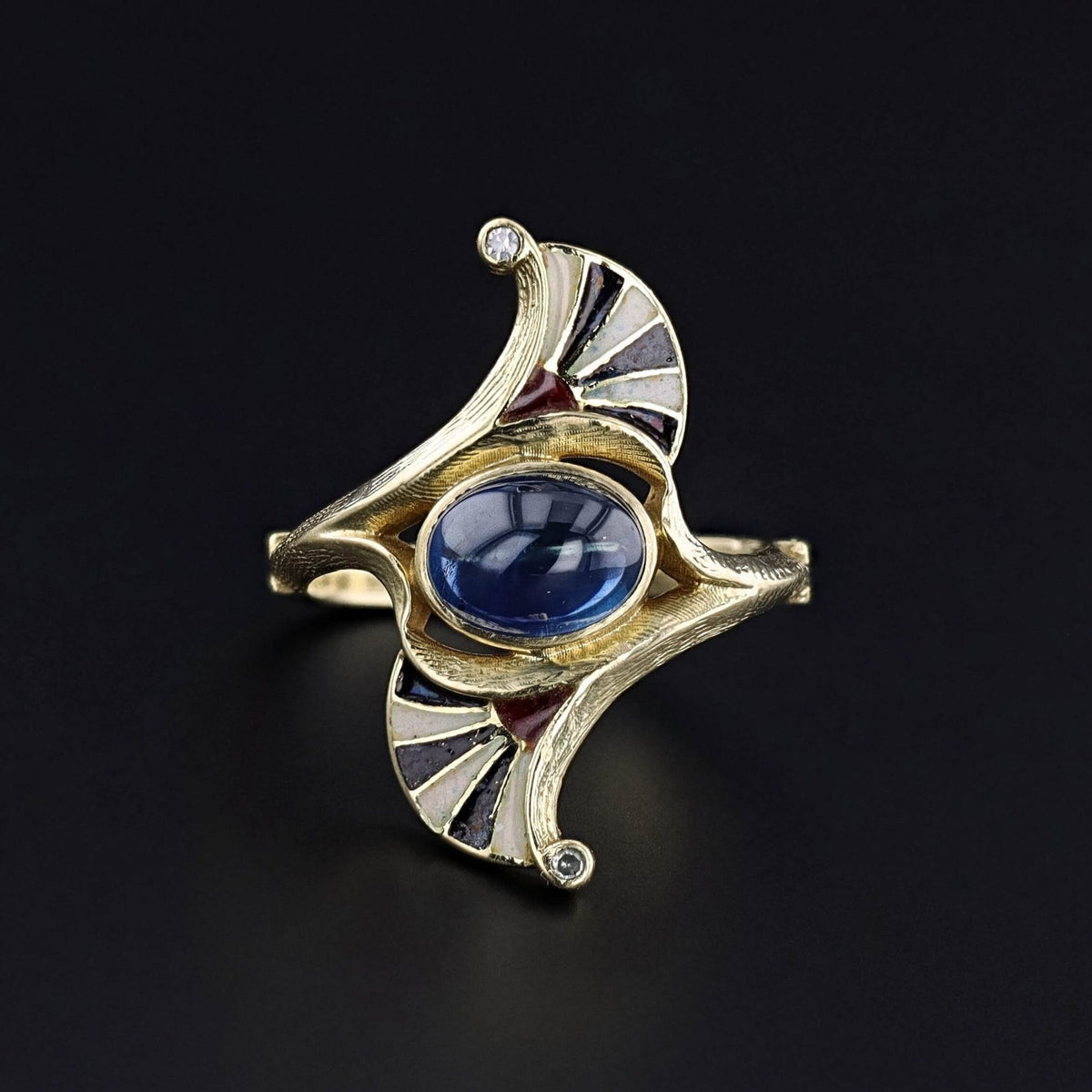 Antique Sapphire &amp; Enamel Ring of 18k Gold - Trademark Antiques