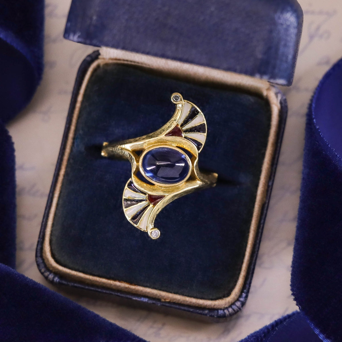 Antique Sapphire &amp; Enamel Ring of 18k Gold - Trademark Antiques