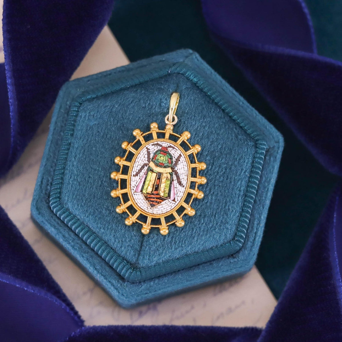 Antique Scarab Micromosaic Pendant of 18k Gold - Trademark Antiques
