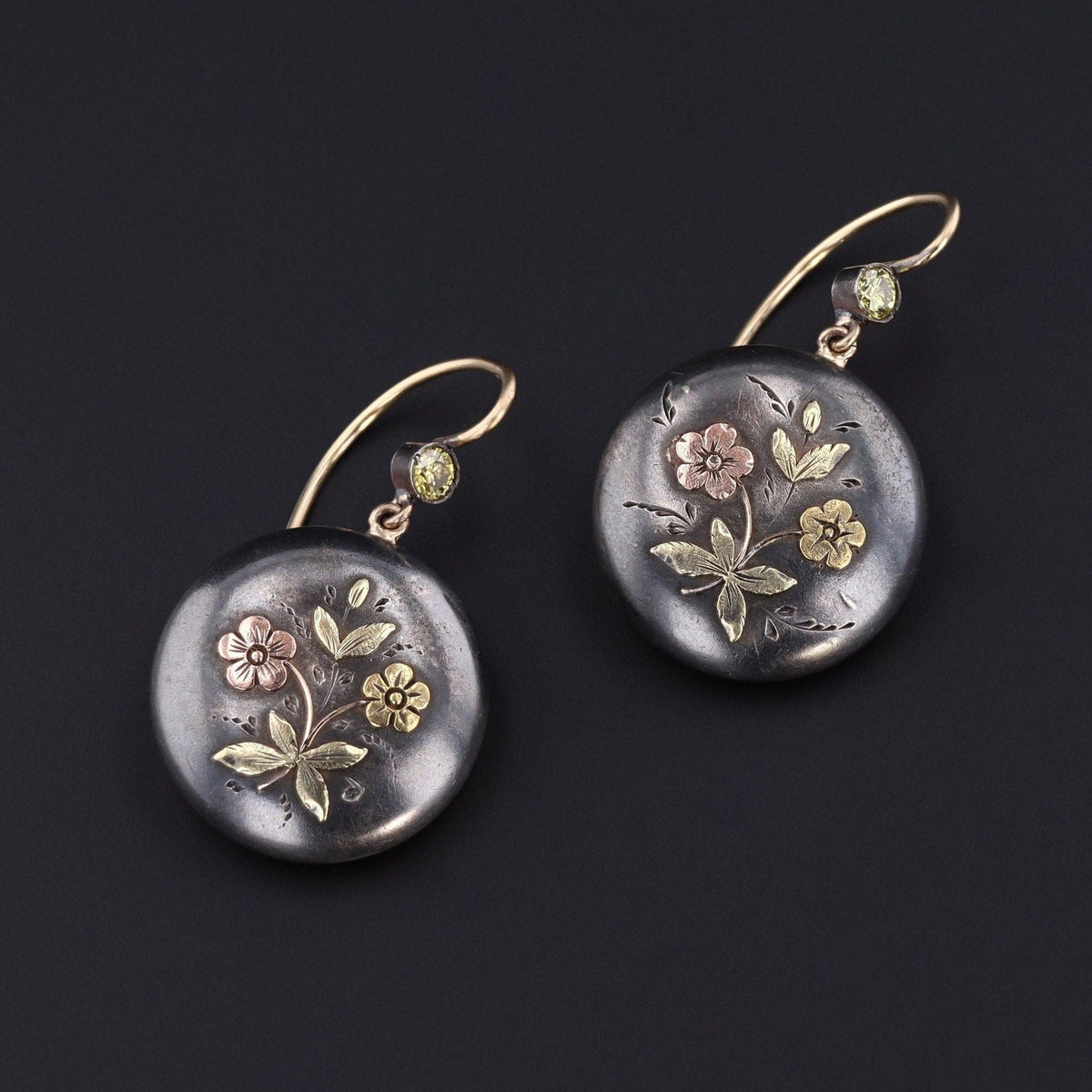 Antique Shakudo Earrings with Diamonds and 14k Ear Wires - Trademark Antiques