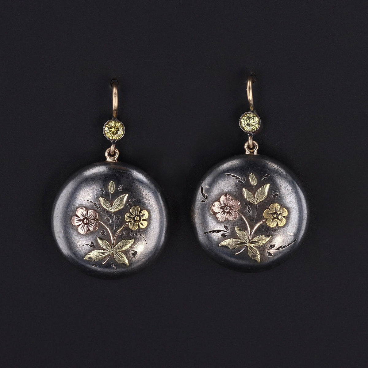 Antique Shakudo Earrings with Diamonds and 14k Ear Wires - Trademark Antiques