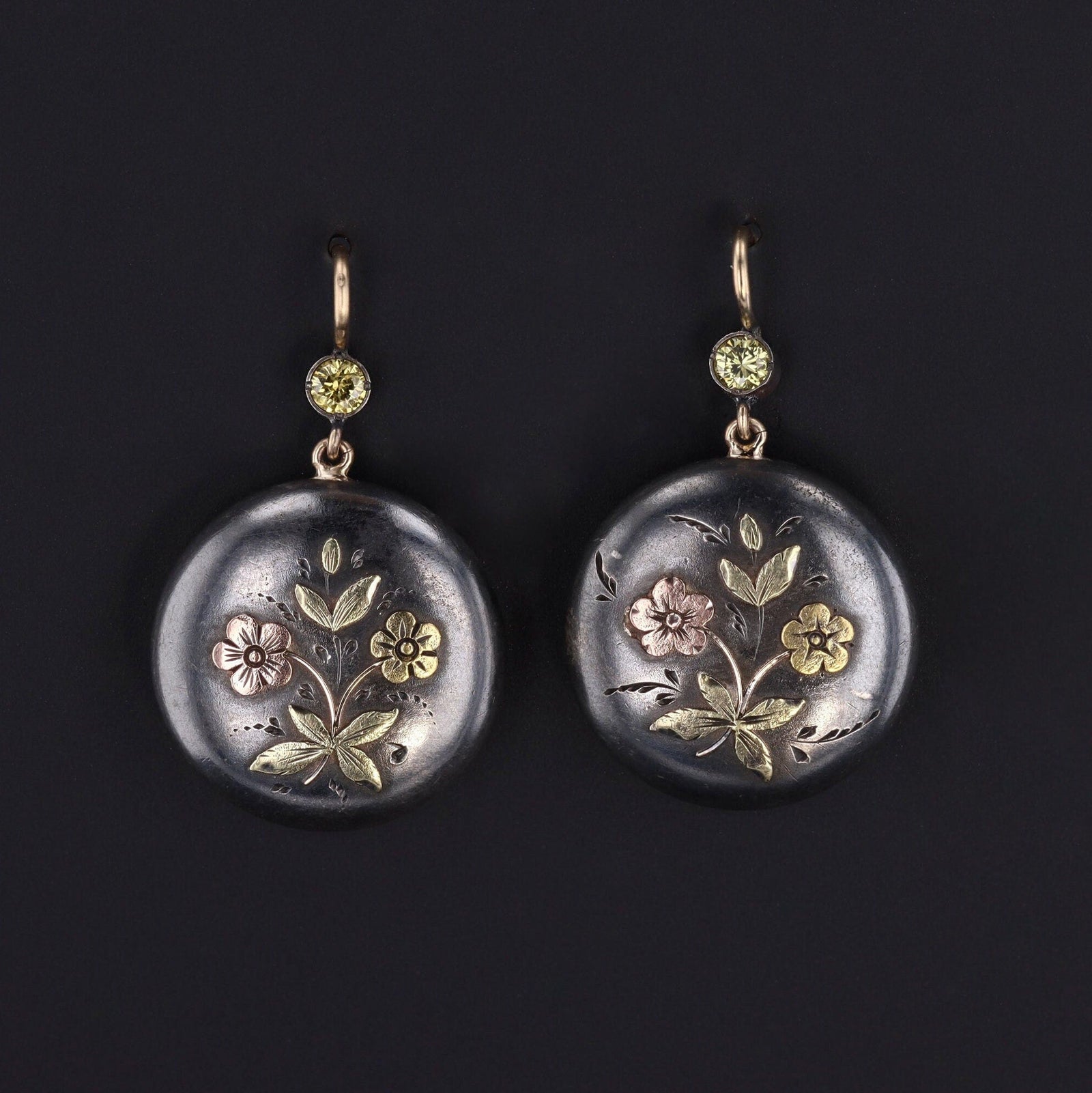 Antique Shakudo Earrings with Diamonds and 14k Ear Wires - Trademark Antiques