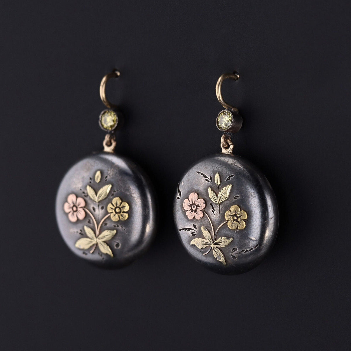 Antique Shakudo Earrings with Diamonds and 14k Ear Wires - Trademark Antiques