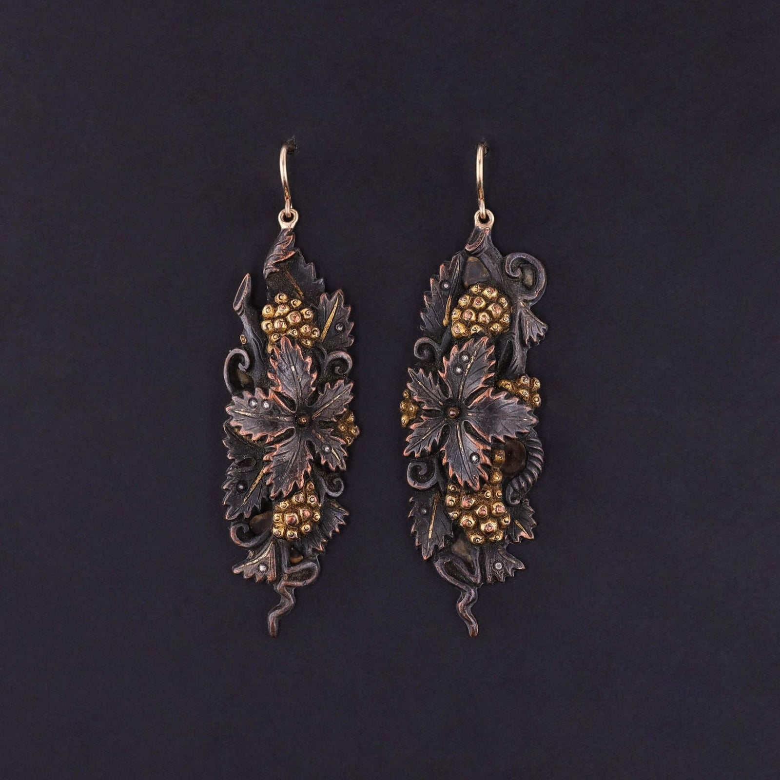 Antique Shakudo Floral Earrings with 14k Gold - Trademark Antiques