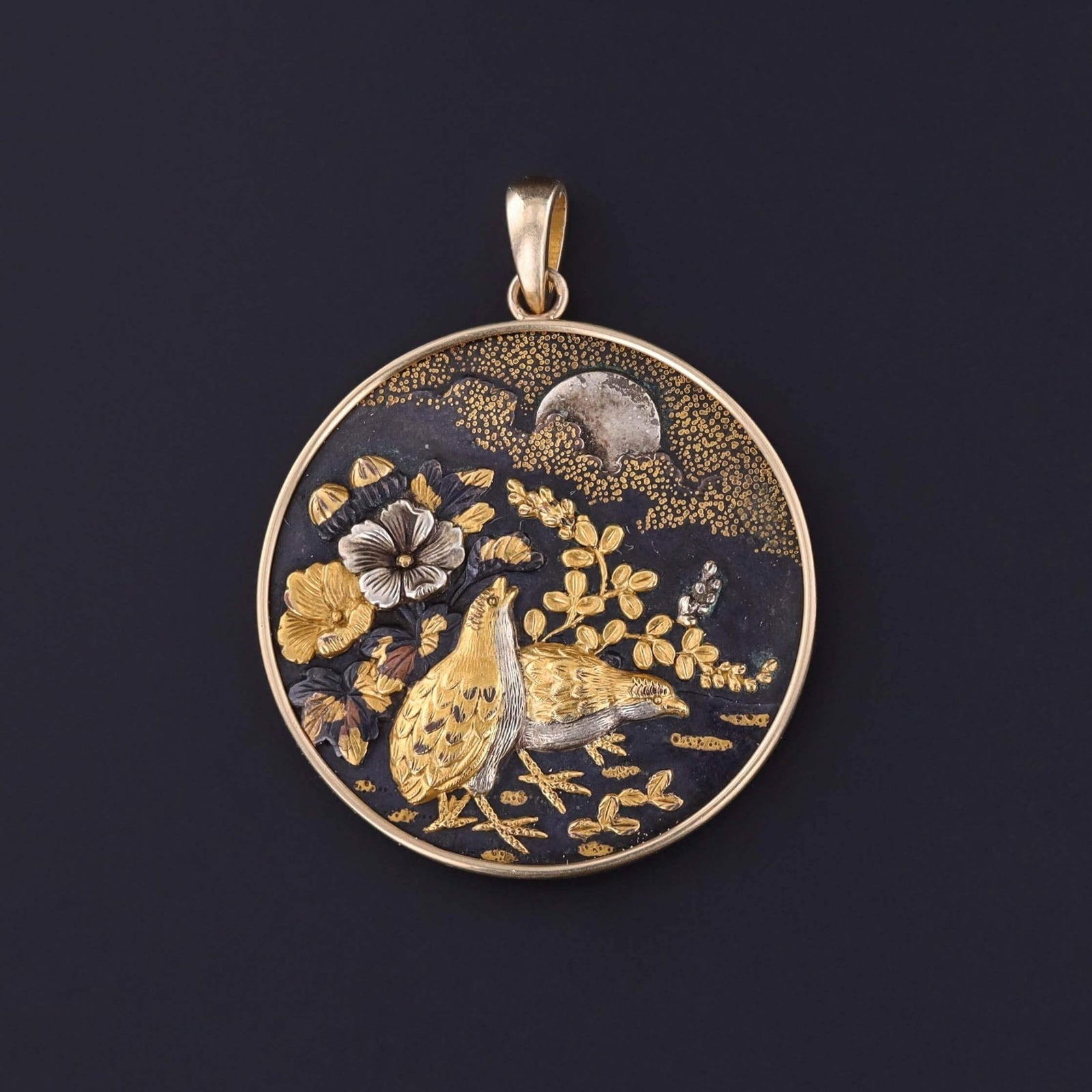 Antique Shakudo Quail Bird Pendant of 14k Gold - Trademark Antiques