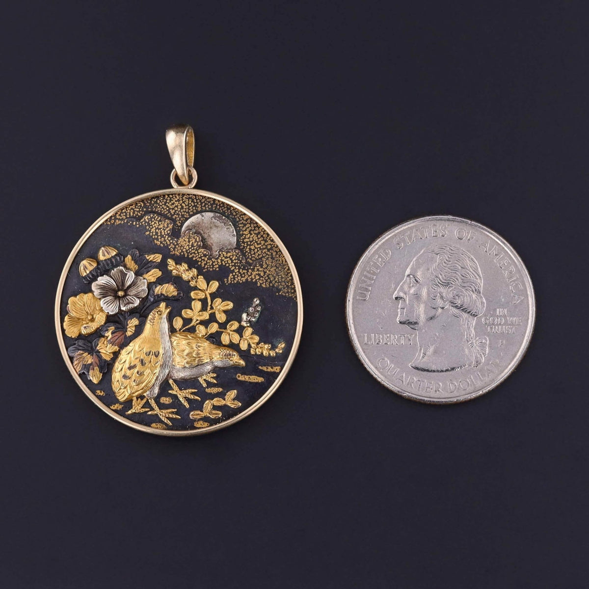 Antique Shakudo Quail Bird Pendant of 14k Gold - Trademark Antiques