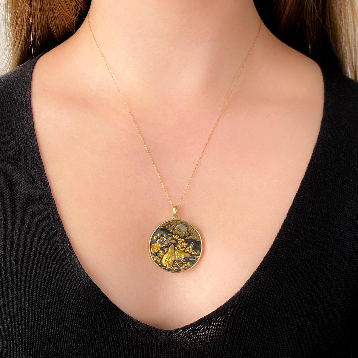 Antique Shakudo Quail Bird Pendant of 14k Gold - Trademark Antiques