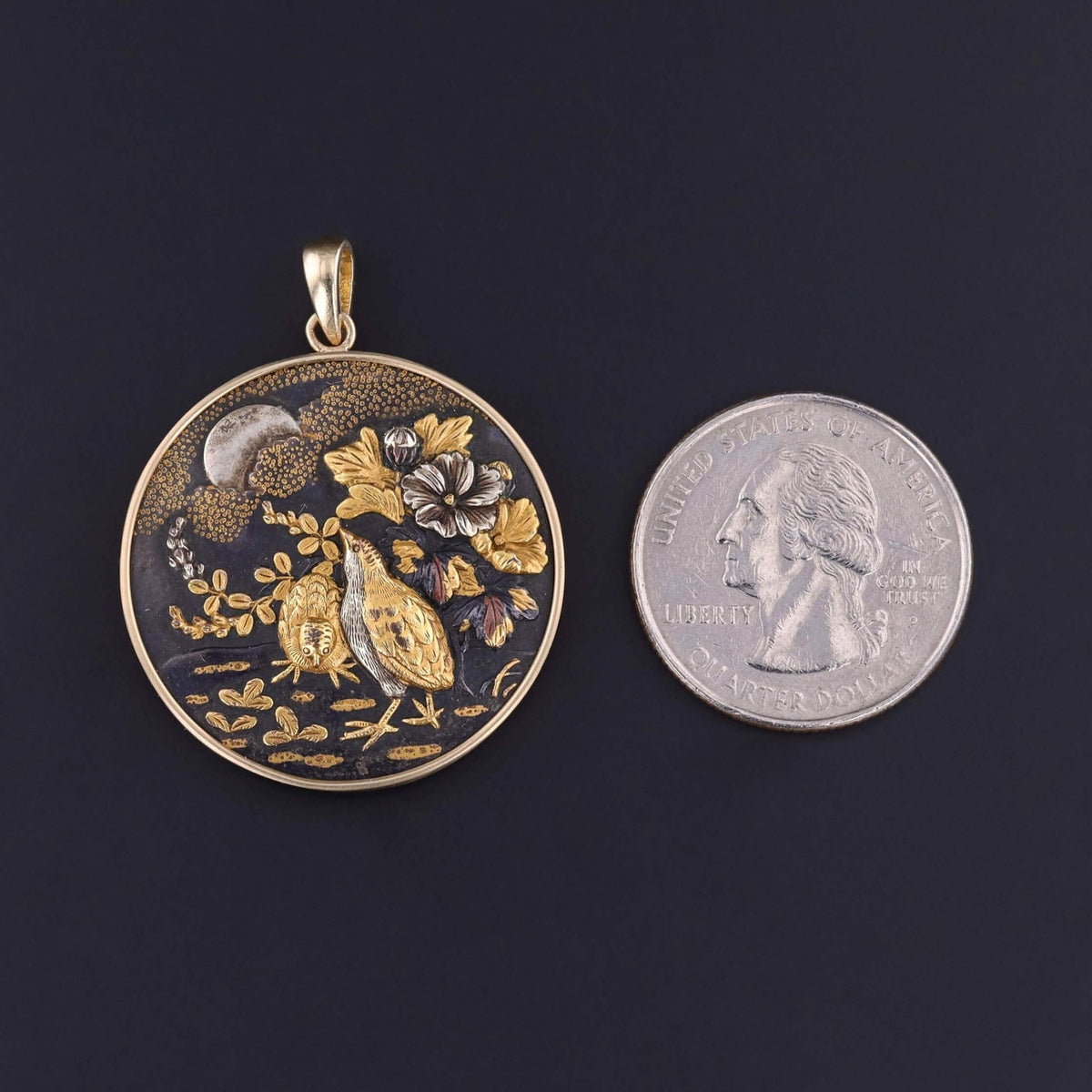 Antique Shakudo Quail Bird Pendant of 14k Gold - Trademark Antiques