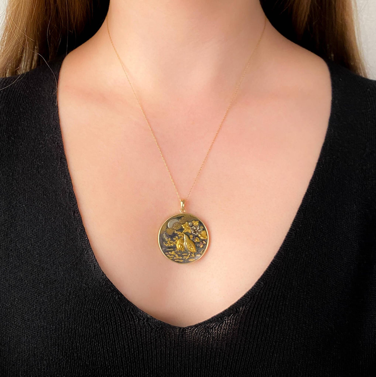 Antique Shakudo Quail Bird Pendant of 14k Gold - Trademark Antiques