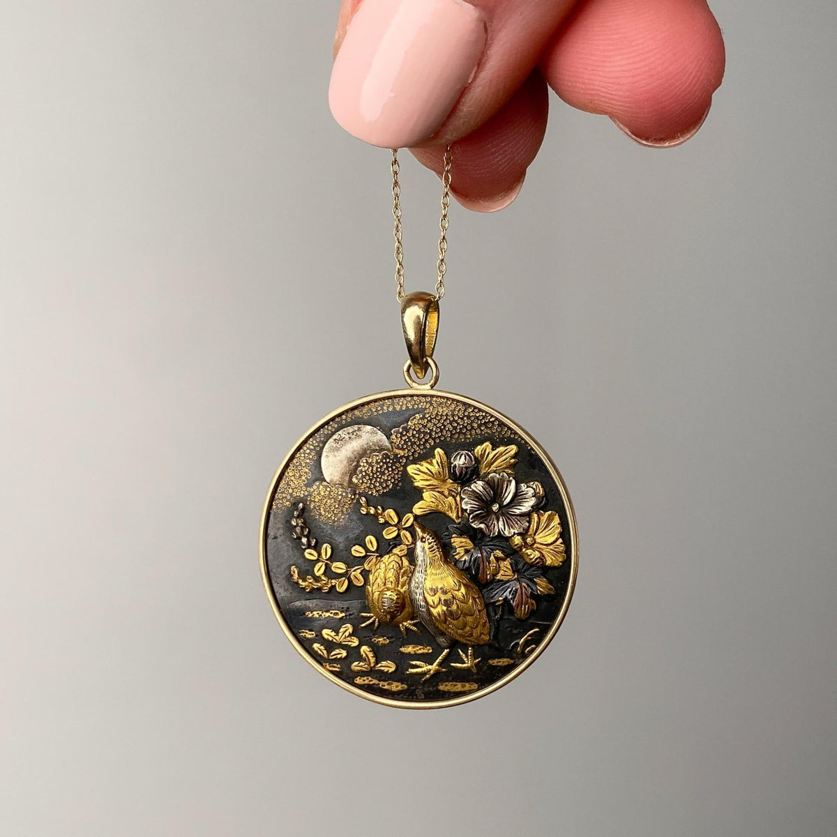 Antique Shakudo Quail Bird Pendant of 14k Gold - Trademark Antiques
