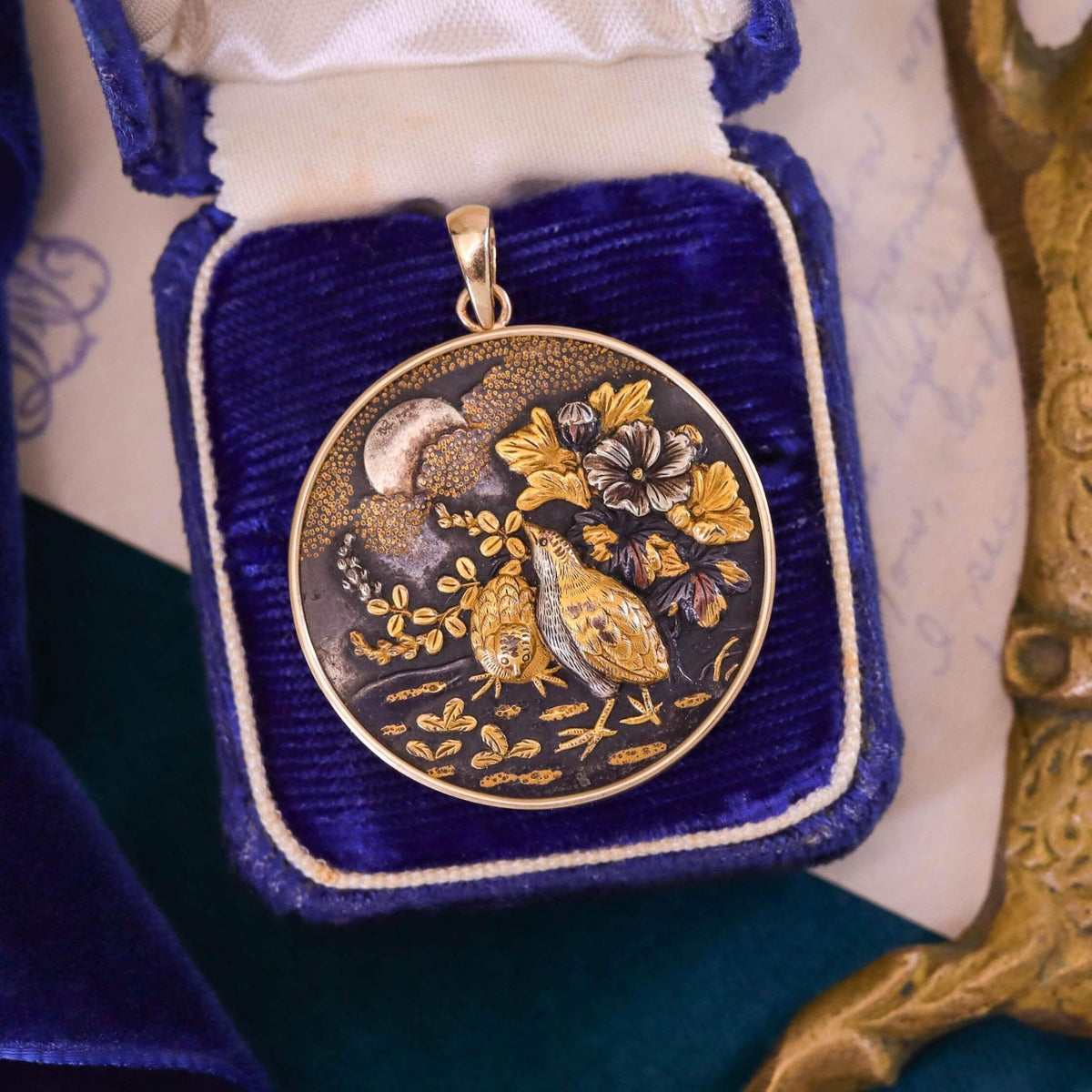 Antique Shakudo Quail Bird Pendant of 14k Gold - Trademark Antiques