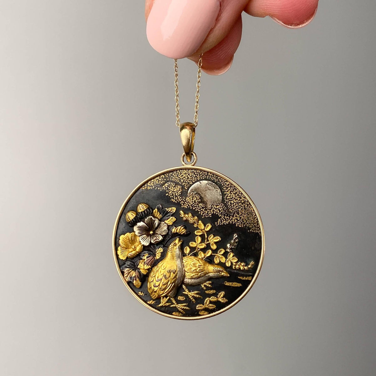 Antique Shakudo Quail Bird Pendant of 14k Gold - Trademark Antiques