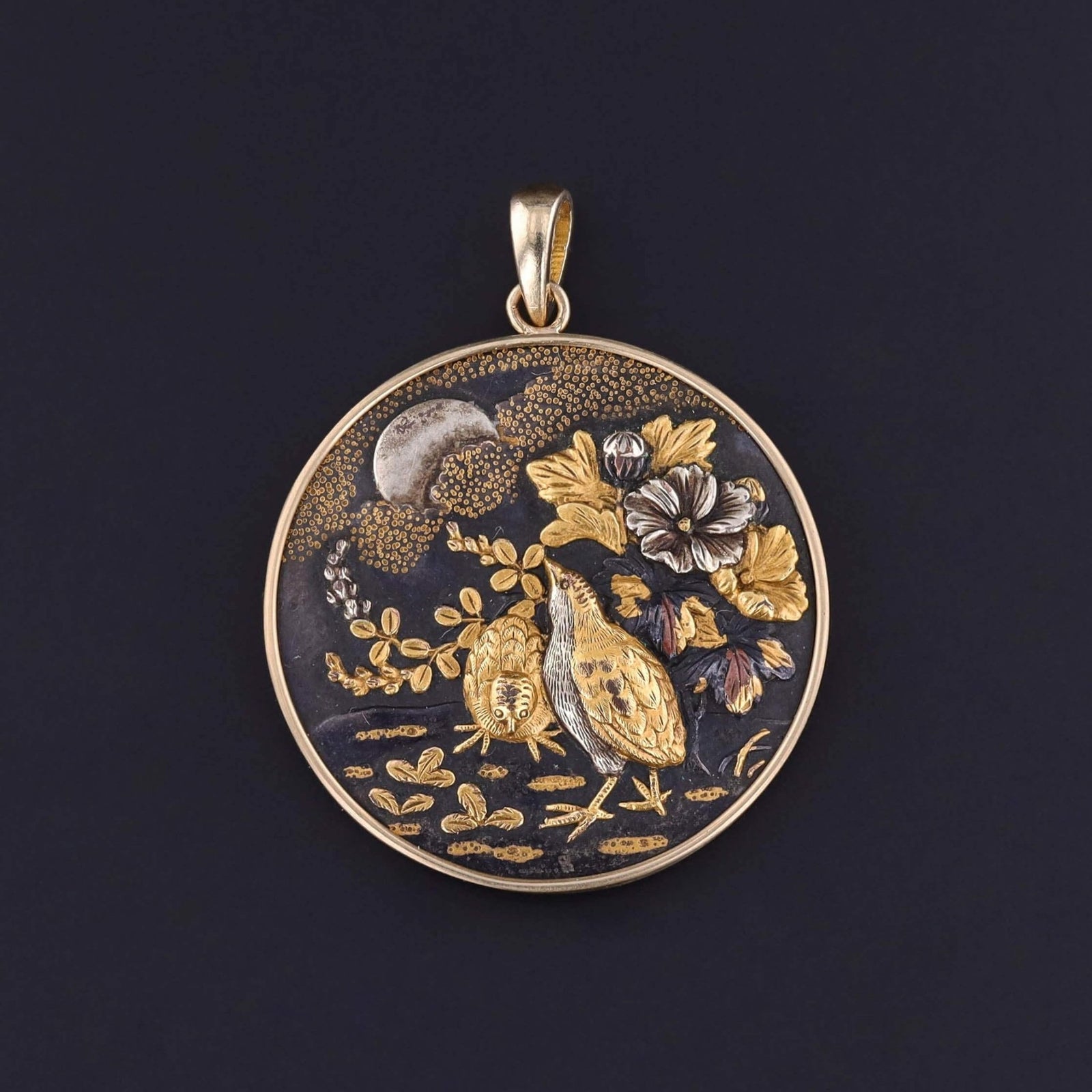 Antique Shakudo Quail Bird Pendant of 14k Gold - Trademark Antiques