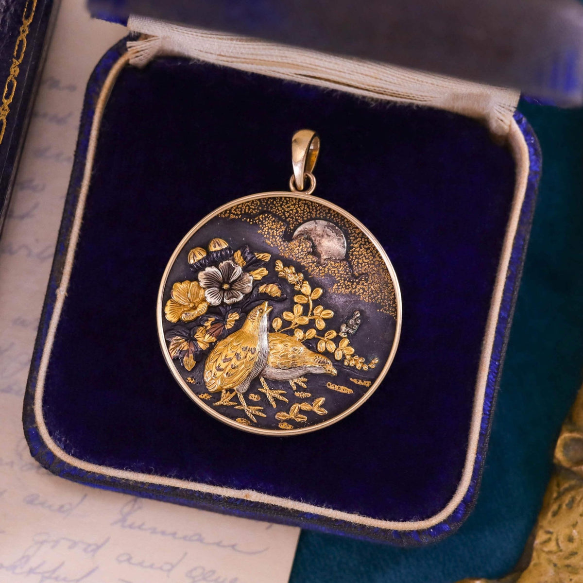 Antique Shakudo Quail Bird Pendant of 14k Gold - Trademark Antiques