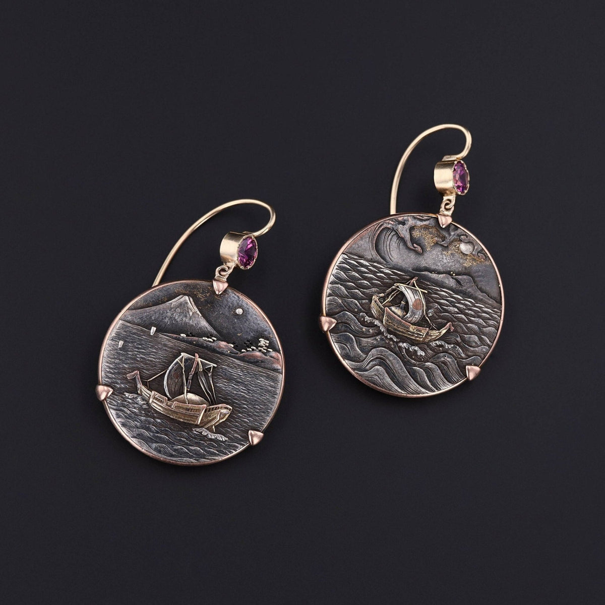 Antique Shakudo with Pink Tourmaline Earrings of 14k Gold - Trademark Antiques