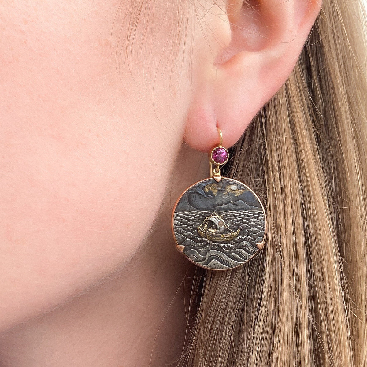 Antique Shakudo with Pink Tourmaline Earrings of 14k Gold - Trademark Antiques