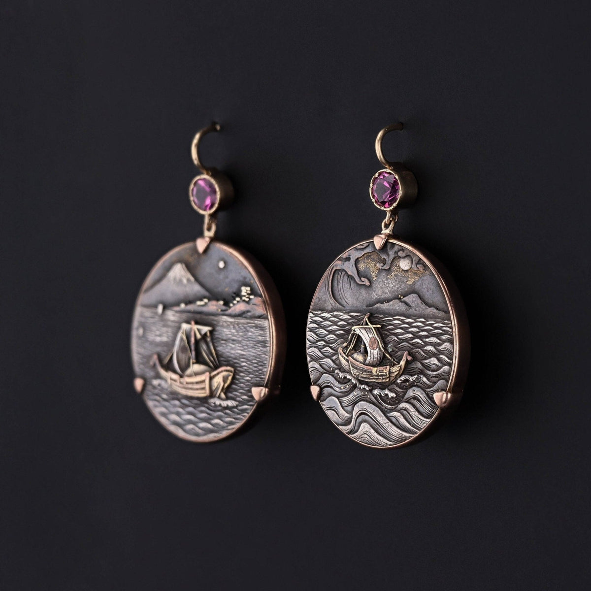 Antique Shakudo with Pink Tourmaline Earrings of 14k Gold - Trademark Antiques