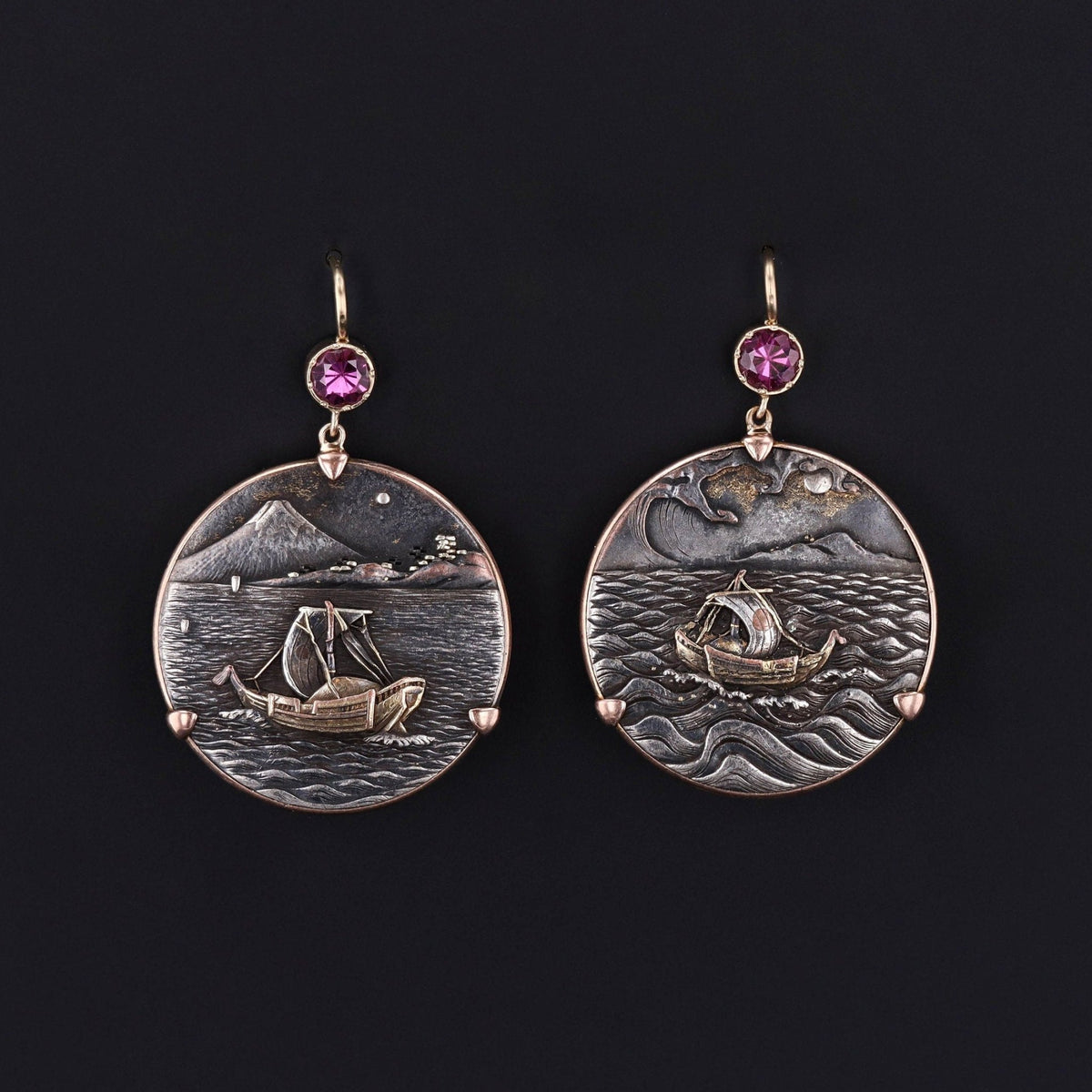Antique Shakudo with Pink Tourmaline Earrings of 14k Gold - Trademark Antiques