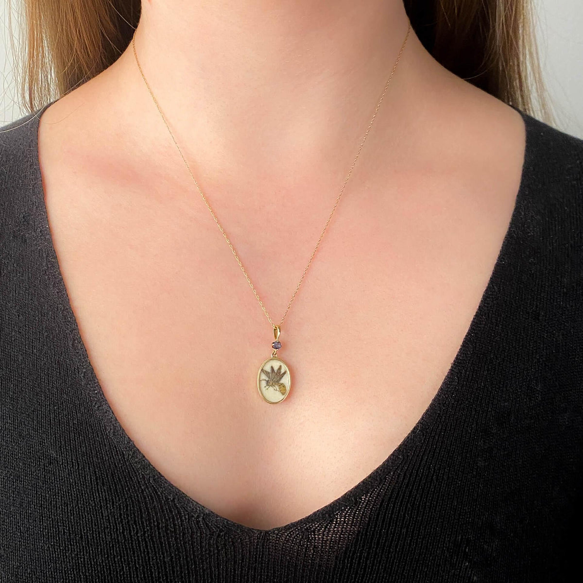 Antique Shibayama Wasp Pendant of 14k Gold and Sapphire - Trademark Antiques