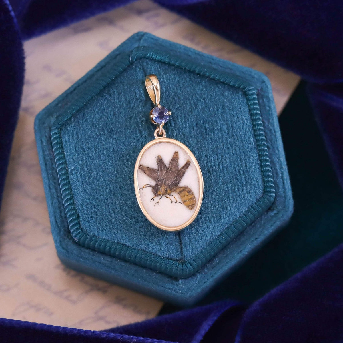 Antique Shibayama Wasp Pendant of 14k Gold and Sapphire - Trademark Antiques