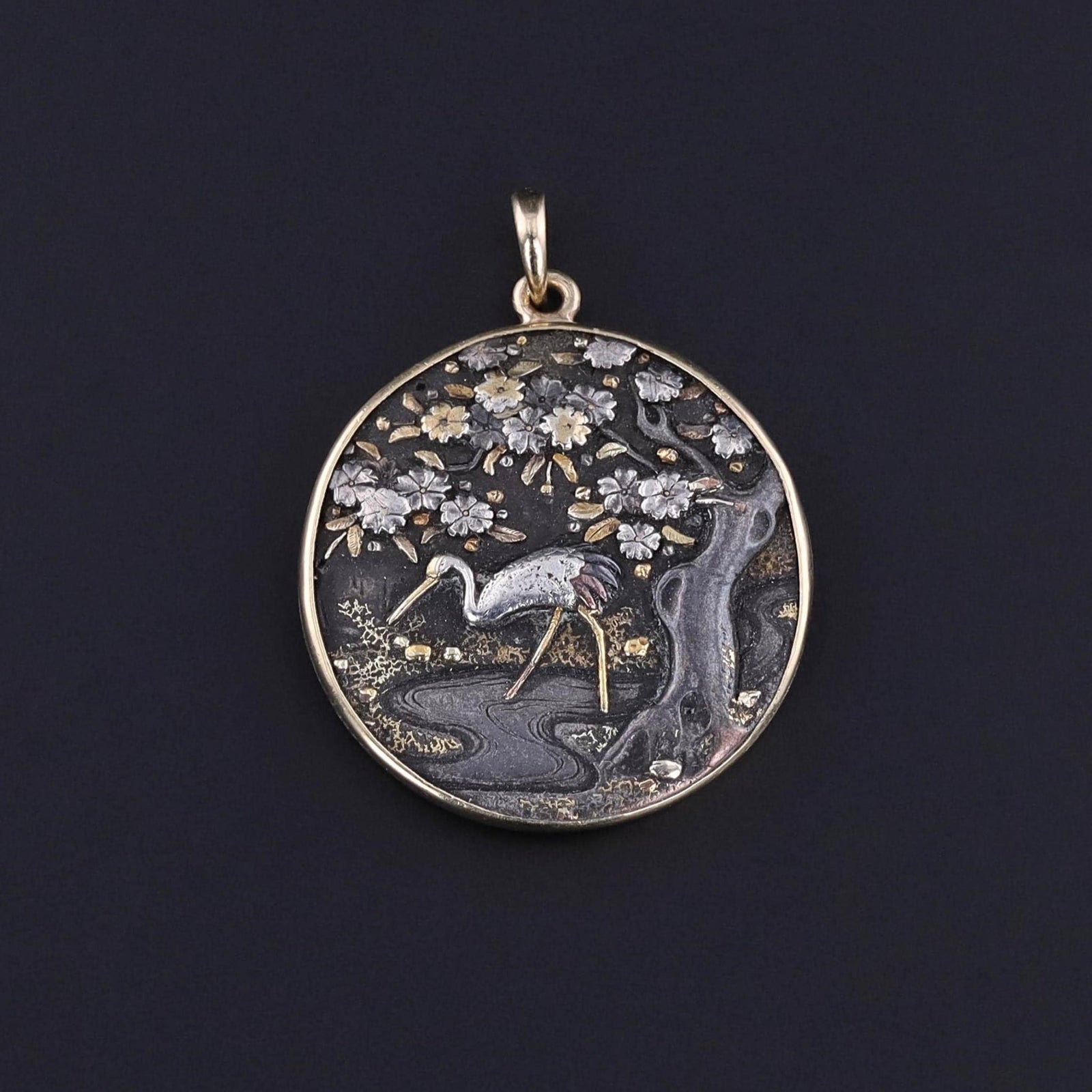 Antique Shibuichi Crane Pendant of 14k Gold - Trademark Antiques