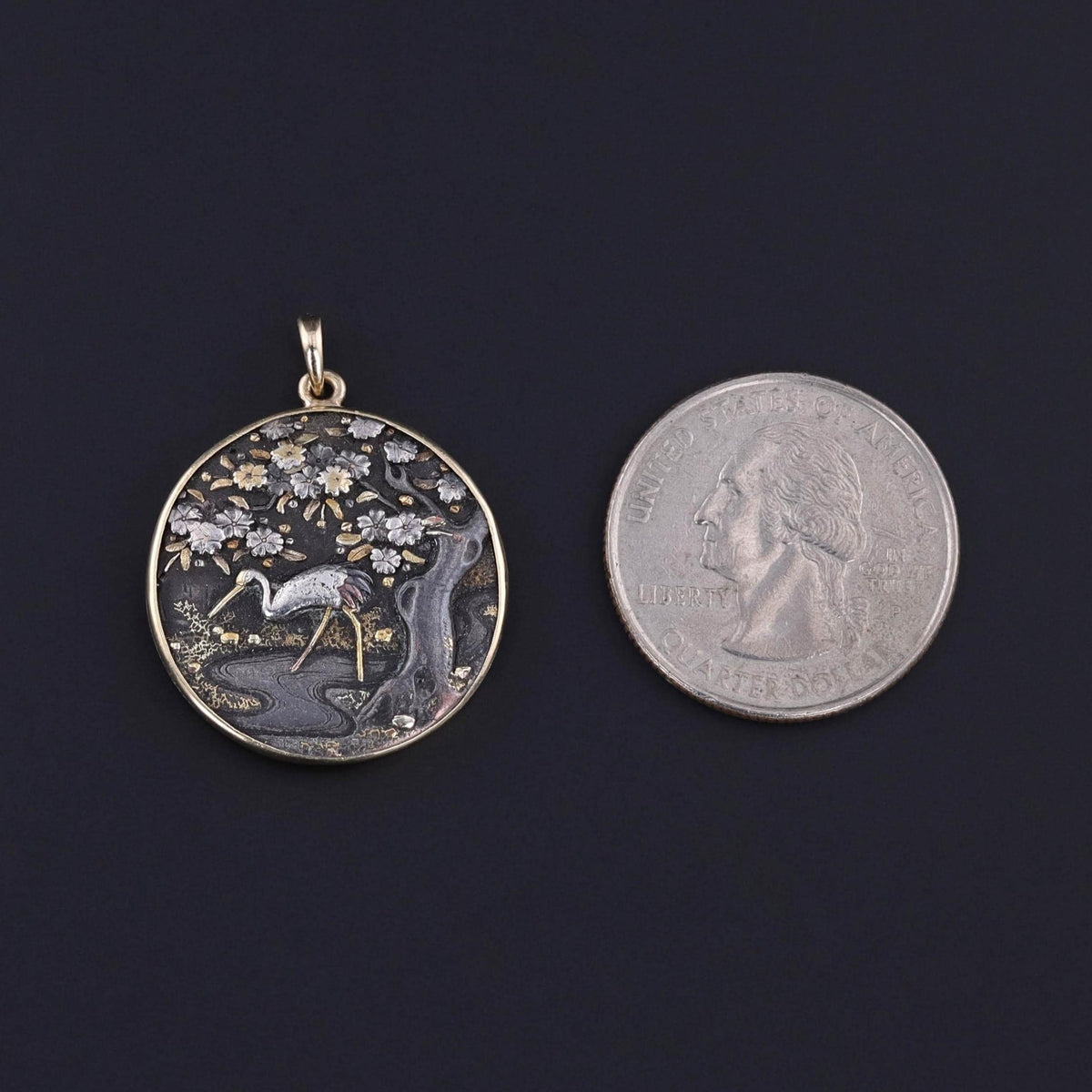 Antique Shibuichi Crane Pendant of 14k Gold - Trademark Antiques