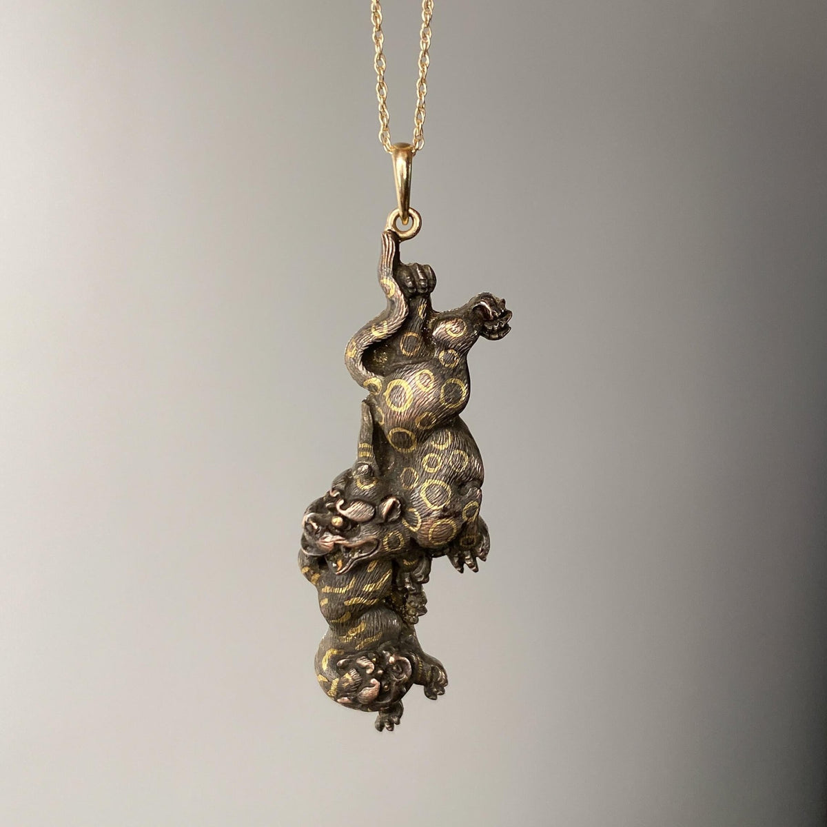 Antique Shibuichi Jaguar Pendant Set in 14k Gold - Trademark Antiques