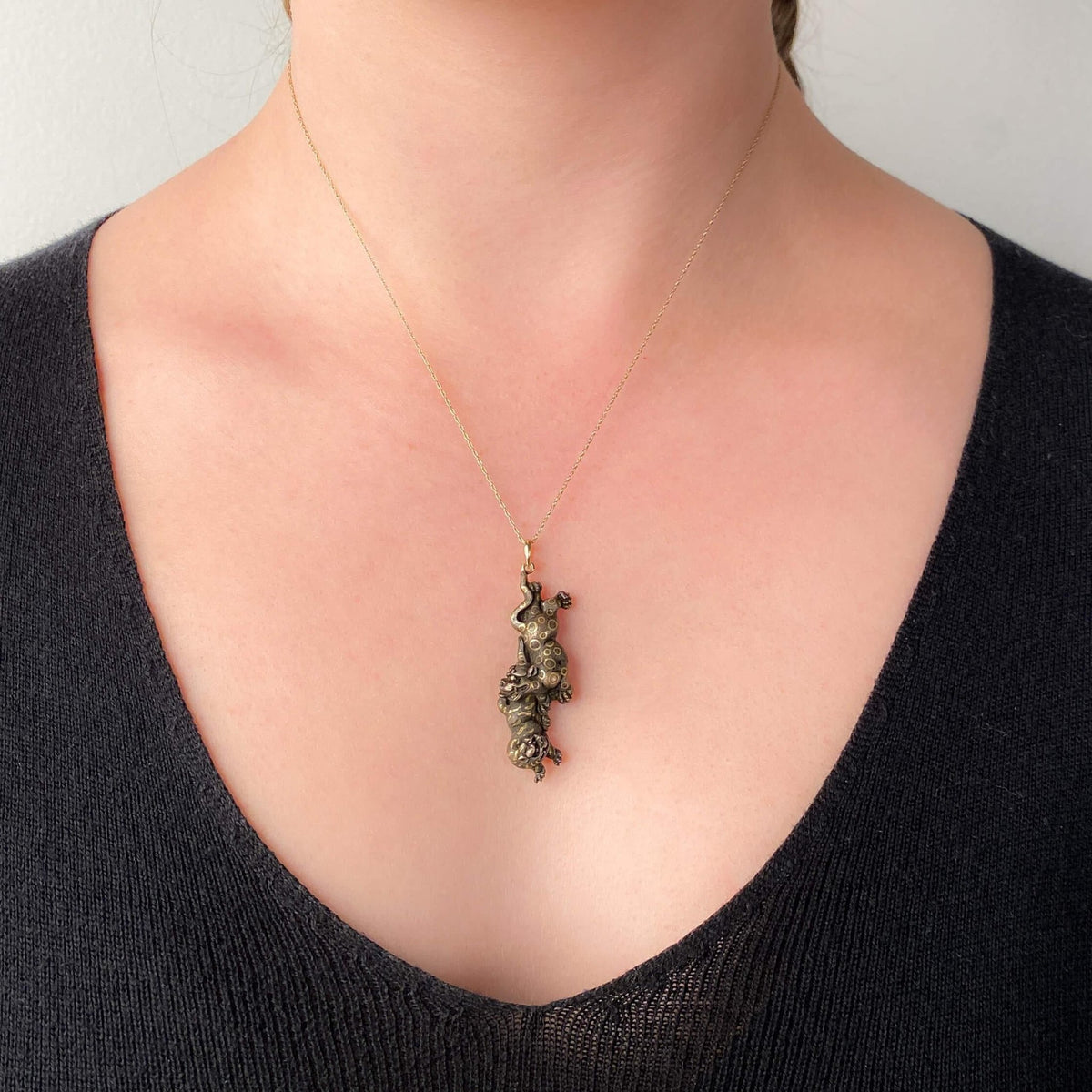 Antique Shibuichi Jaguar Pendant Set in 14k Gold - Trademark Antiques