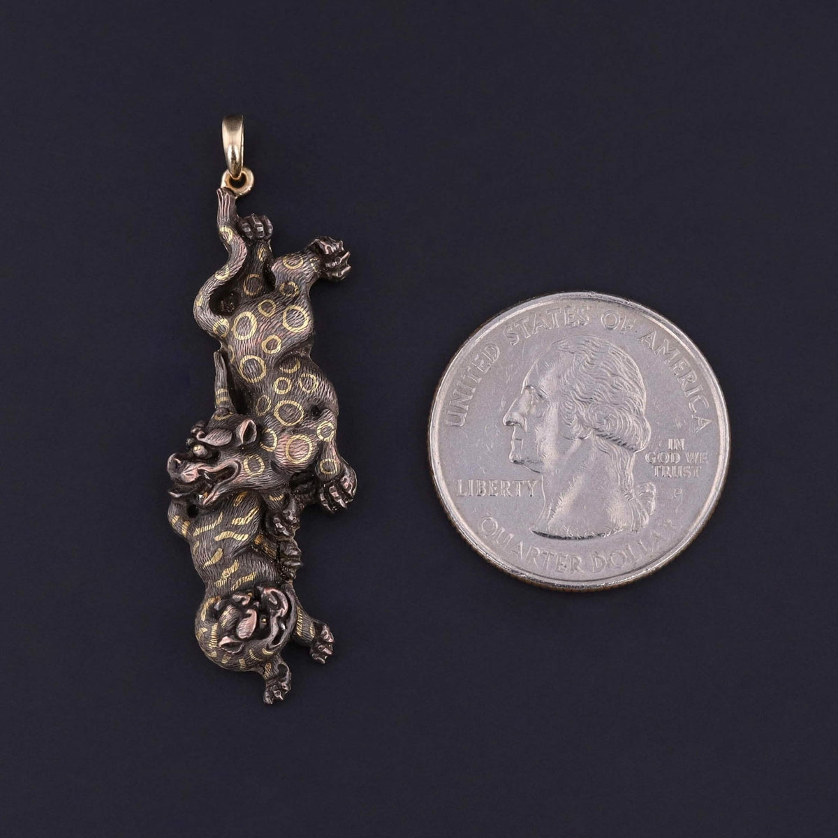 Antique Shibuichi Jaguar Pendant Set in 14k Gold - Trademark Antiques