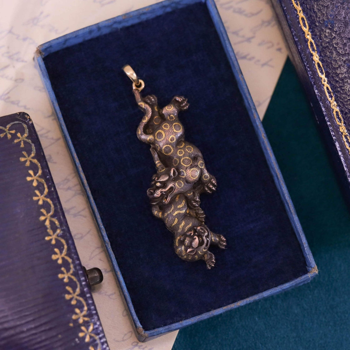 Antique Shibuichi Jaguar Pendant Set in 14k Gold - Trademark Antiques