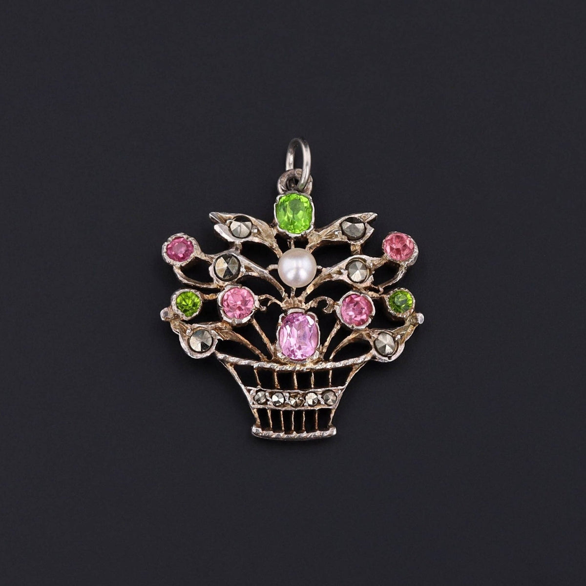 Antique Silver Giardinetti Flower Basket Pendant - Trademark Antiques