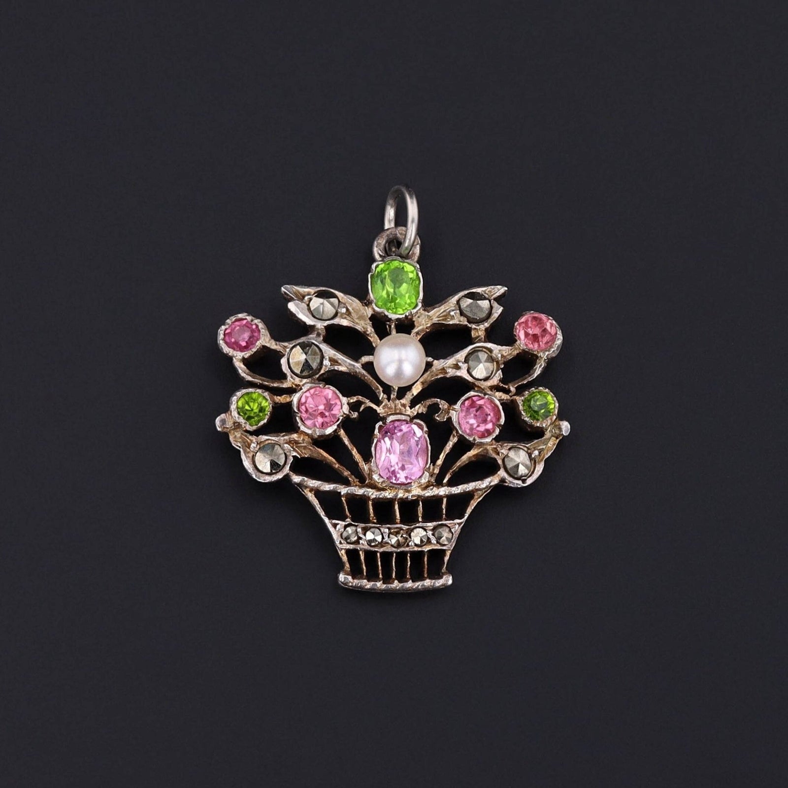 Antique Silver Giardinetti Flower Basket Pendant - Trademark Antiques