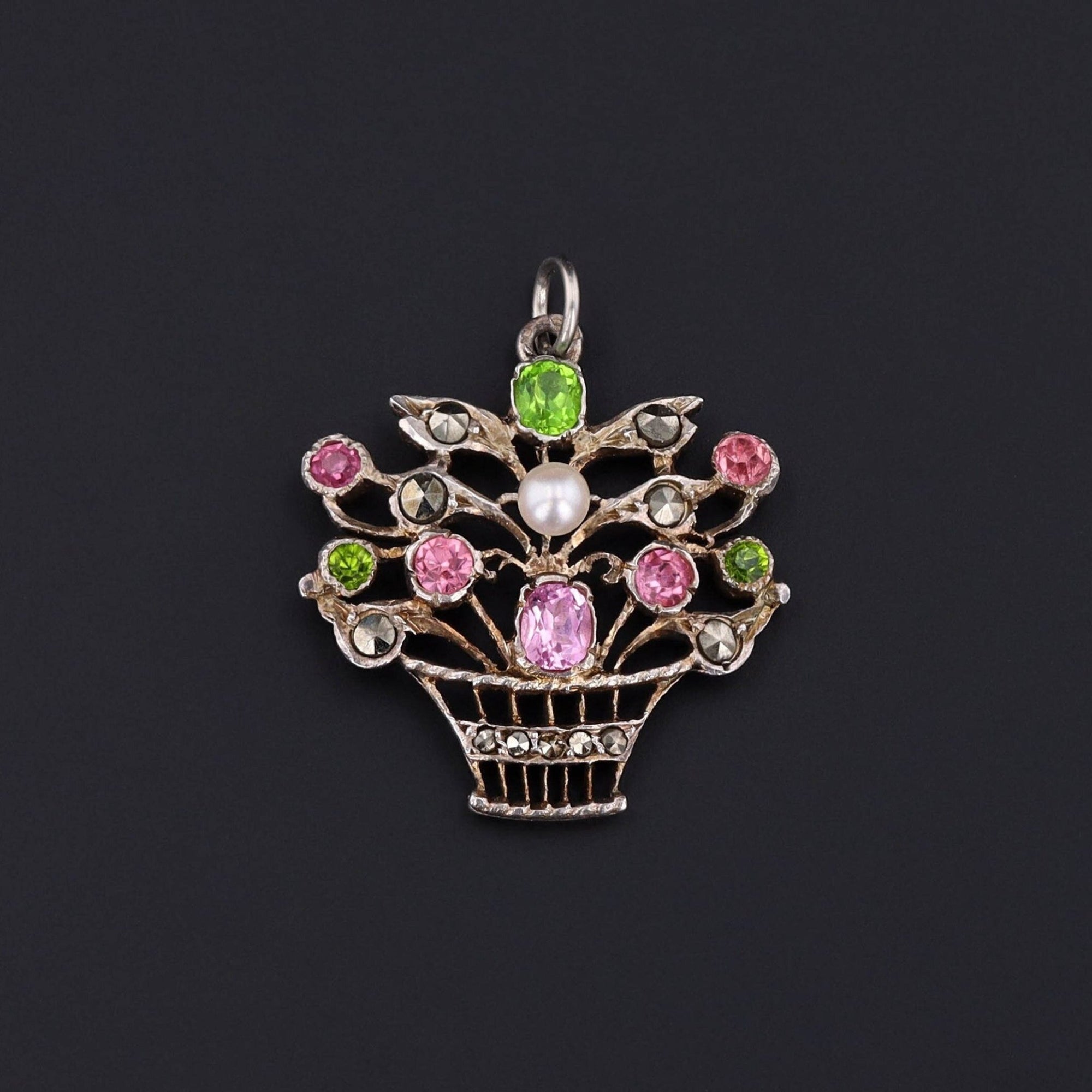 Antique Silver Giardinetti Flower Basket Pendant - Trademark Antiques