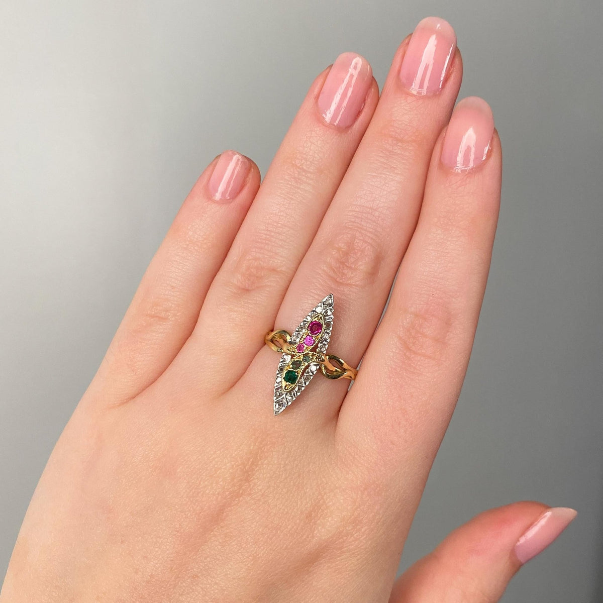 Antique Snake Ring of Ruby, Emerald, and Diamond in 18k Gold - Trademark Antiques