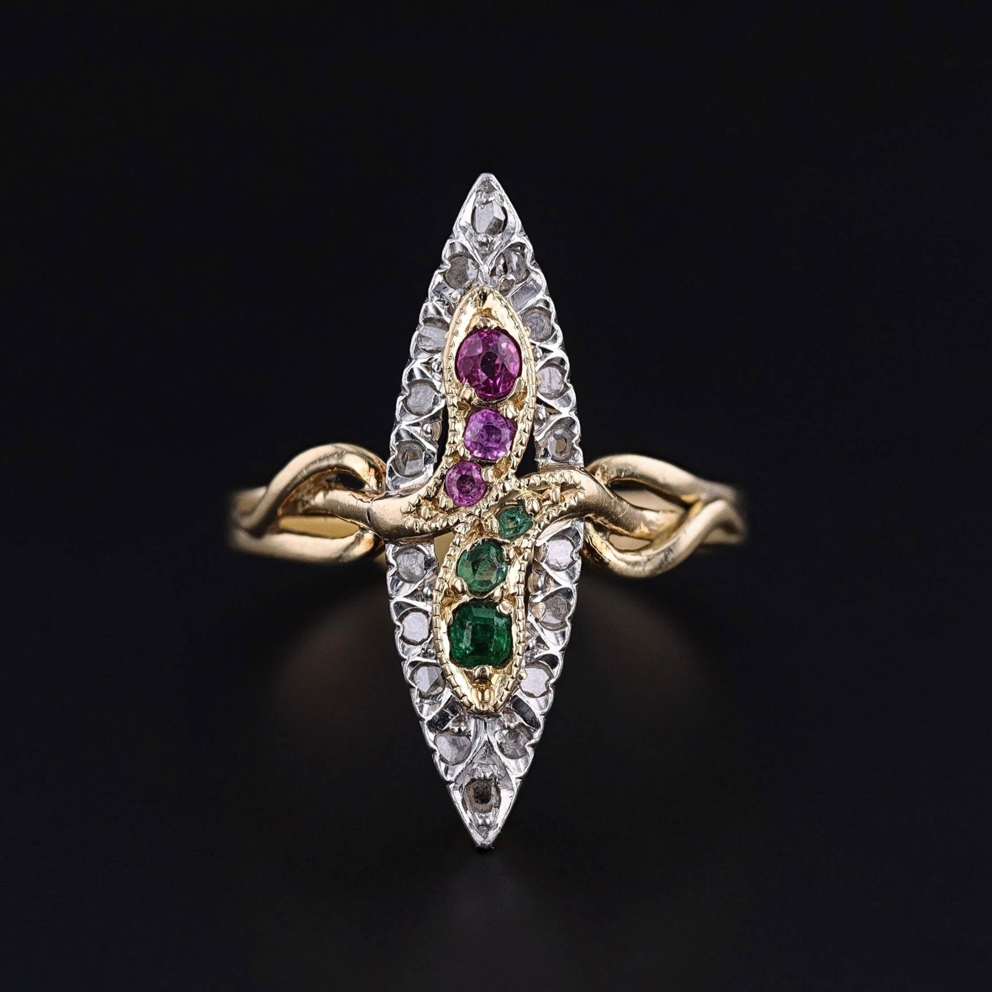 Antique Snake Ring of Ruby, Emerald, and Diamond in 18k Gold - Trademark Antiques