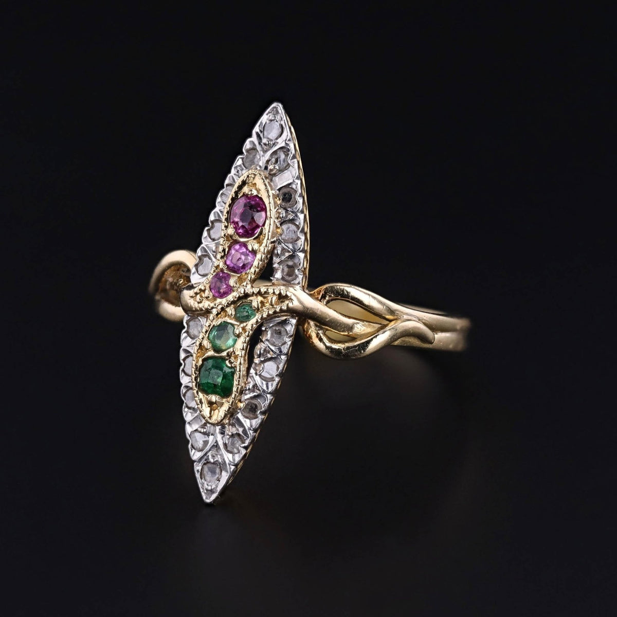 Antique Snake Ring of Ruby, Emerald, and Diamond in 18k Gold - Trademark Antiques