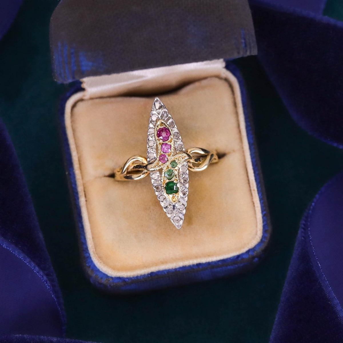 Antique Snake Ring of Ruby, Emerald, and Diamond in 18k Gold - Trademark Antiques