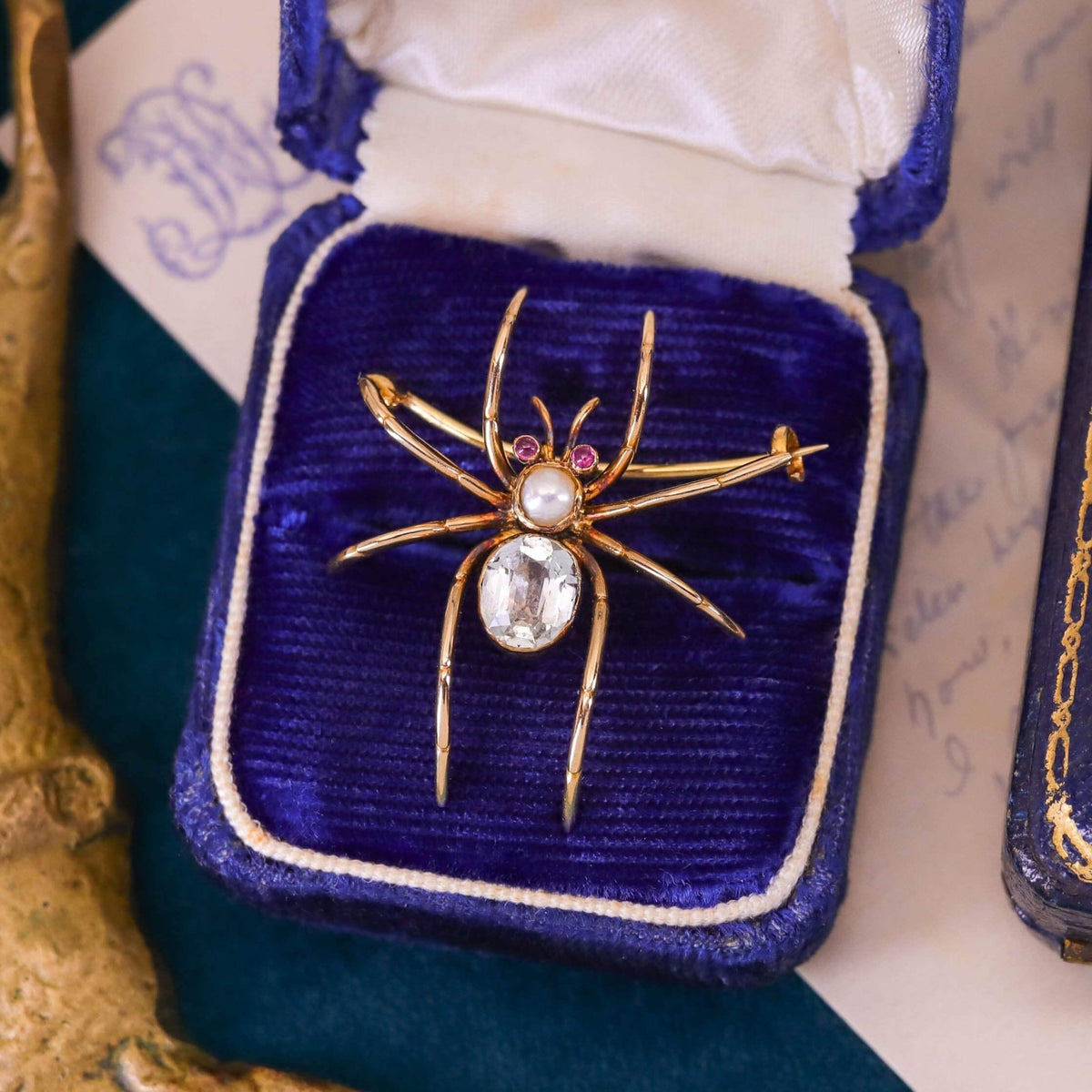 Antique Spider Brooch of 18k Gold and Aquamarine - Trademark Antiques