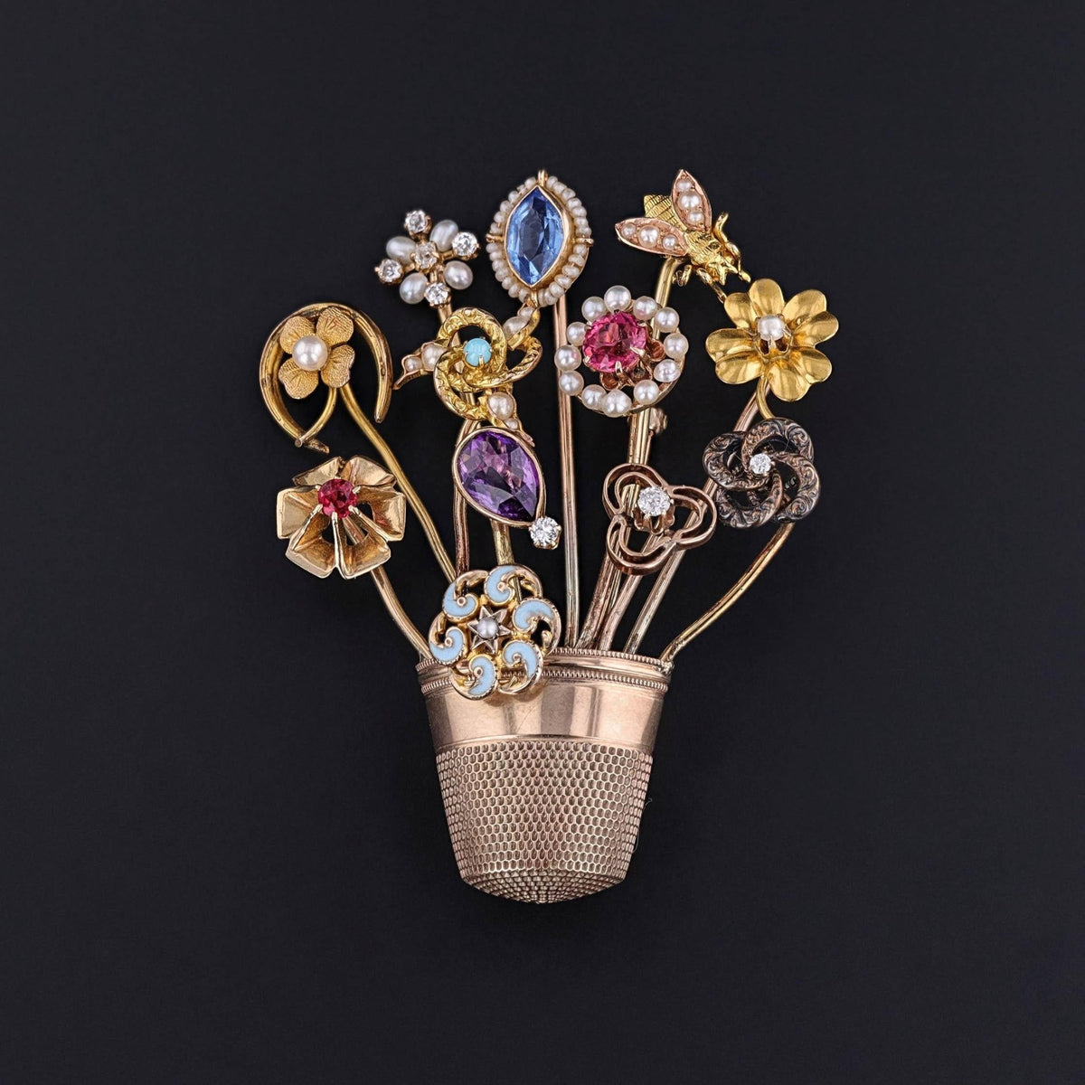 Antique Stickpin Cluster Bouquet Brooch of 10k &amp;14k Gold - Trademark Antiques