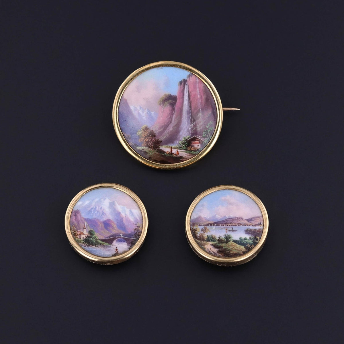 Antique Swiss Enamel Cufflink and Brooch Set in Original Box - Trademark Antiques