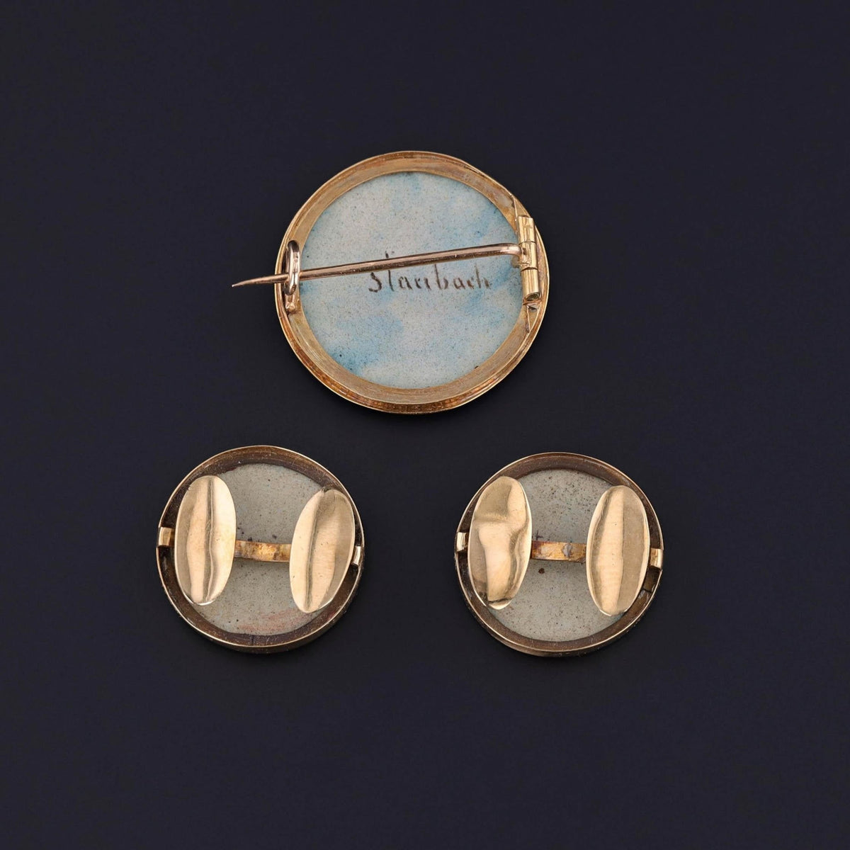 Antique Swiss Enamel Cufflink and Brooch Set in Original Box - Trademark Antiques