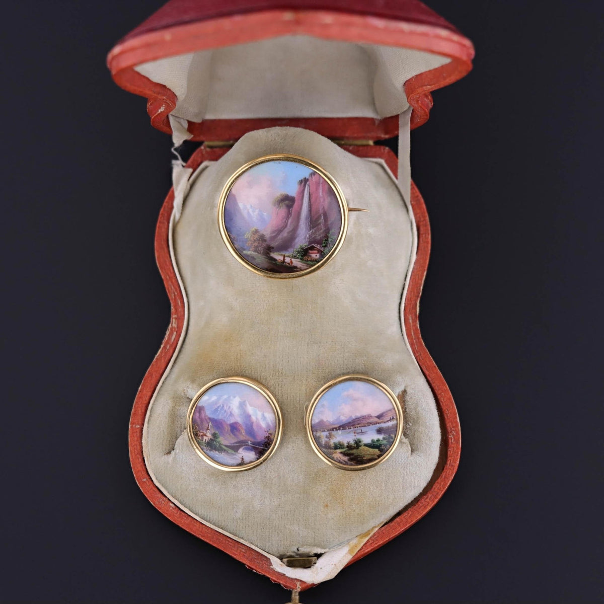 Antique Swiss Enamel Cufflink and Brooch Set in Original Box - Trademark Antiques