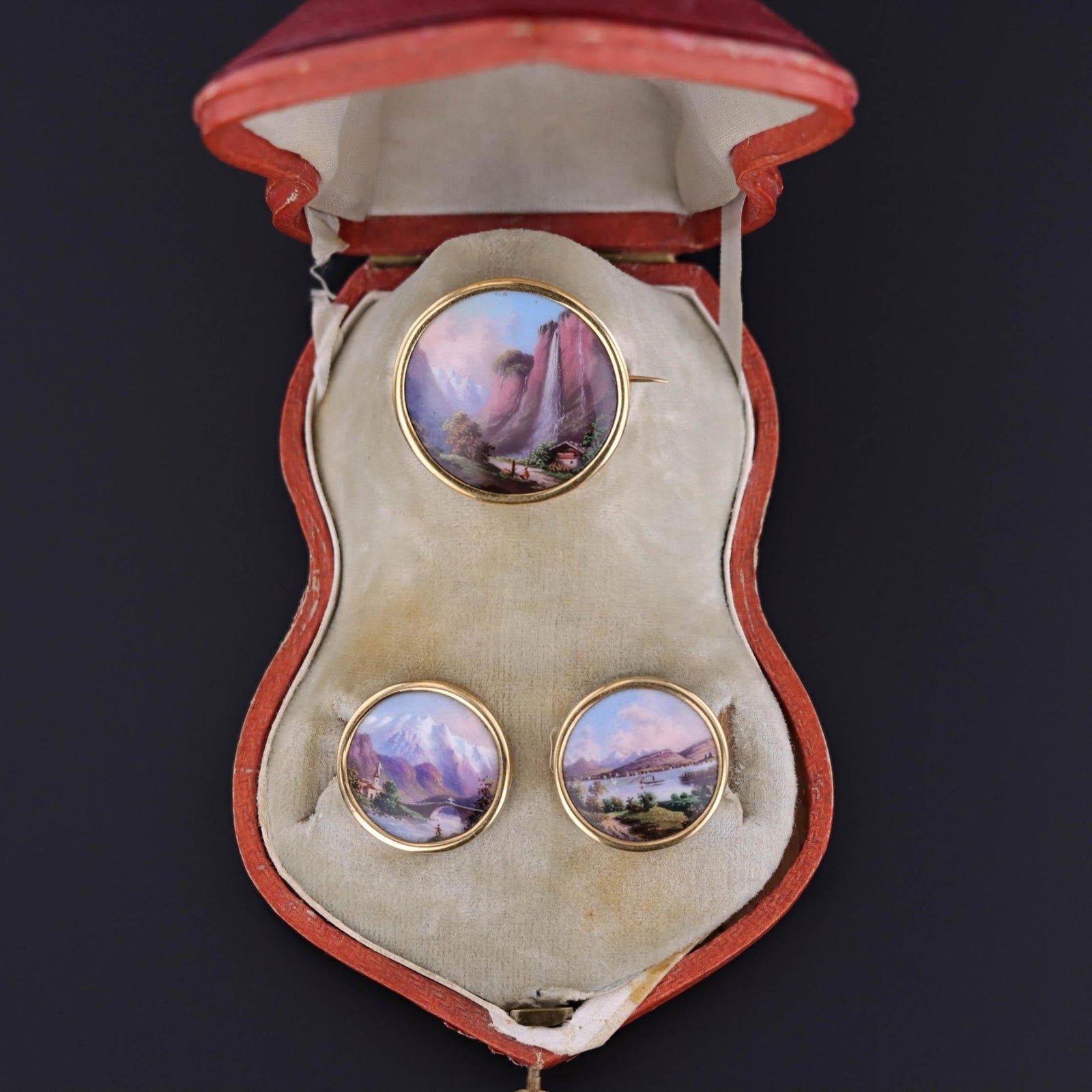 Antique Swiss Enamel Cufflink and Brooch Set in Original Box - Trademark Antiques