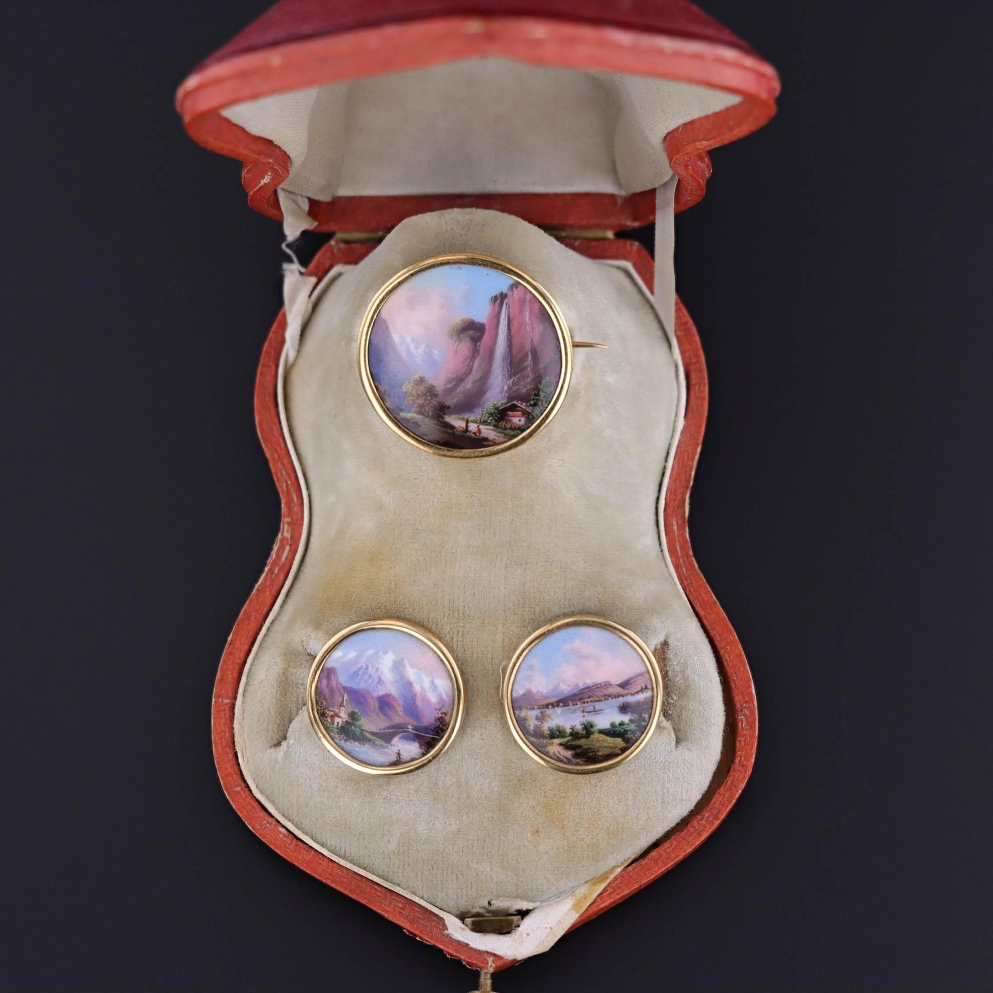 Antique Swiss Enamel Cufflink and Brooch Set in Original Box - Trademark Antiques