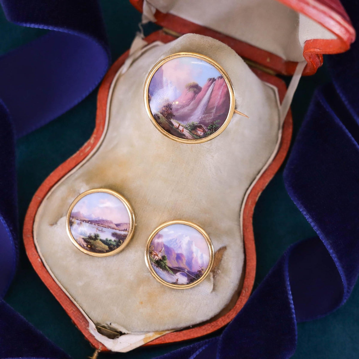 Antique Swiss Enamel Cufflink and Brooch Set in Original Box - Trademark Antiques