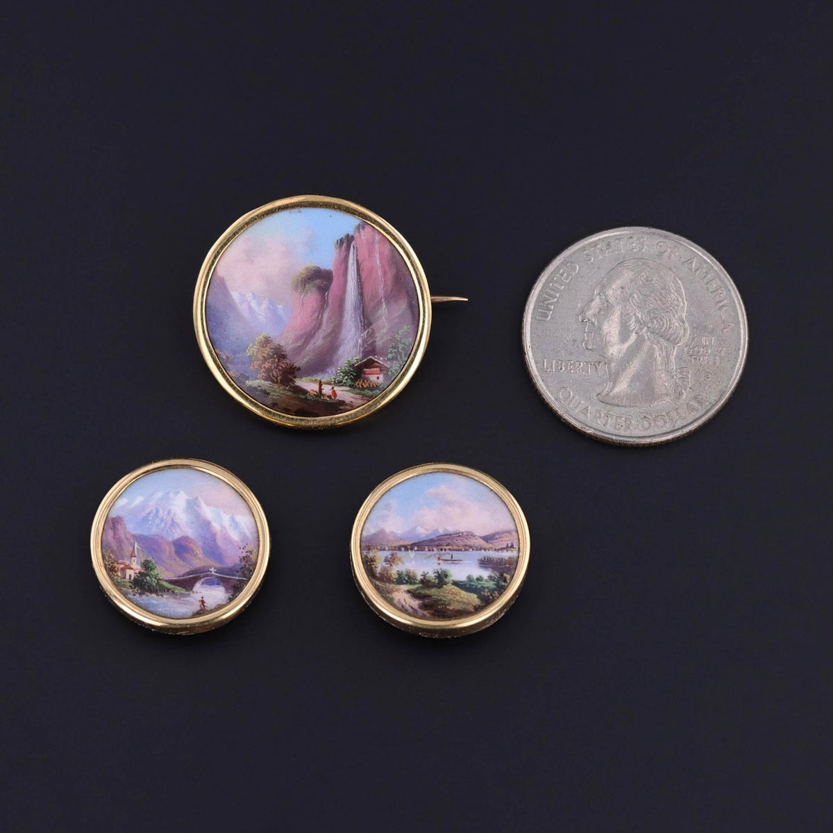 Antique Swiss Enamel Cufflink and Brooch Set in Original Box - Trademark Antiques