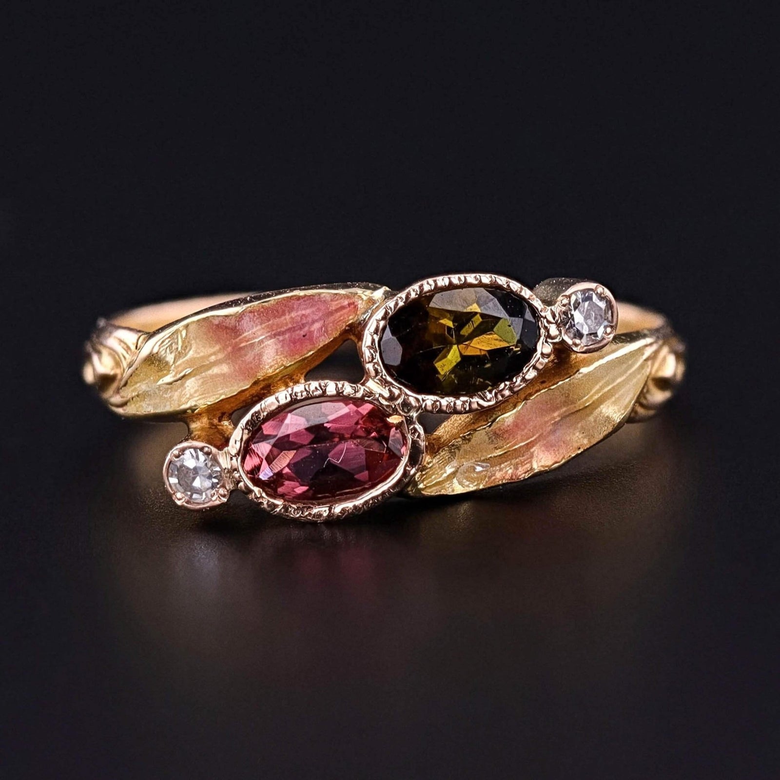 Antique Tourmaline and Diamond Ring of Enamel and 10k Gold - Trademark Antiques
