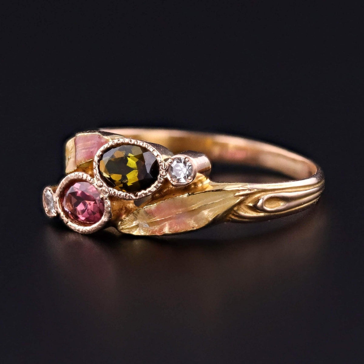 Antique Tourmaline and Diamond Ring of Enamel and 10k Gold - Trademark Antiques